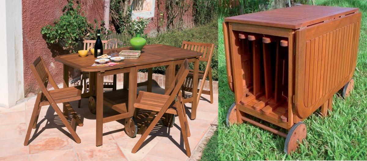 Acquista set tavolo da esterno giardino in legno con 4 sedie richiudibili  all'interno con ruote su Opiros